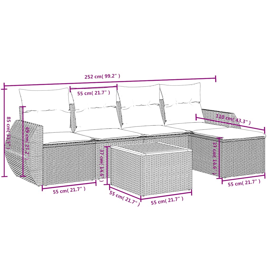 6-teiliges Gartensofa-Set mit Kissen, schwarzes Polyrattan