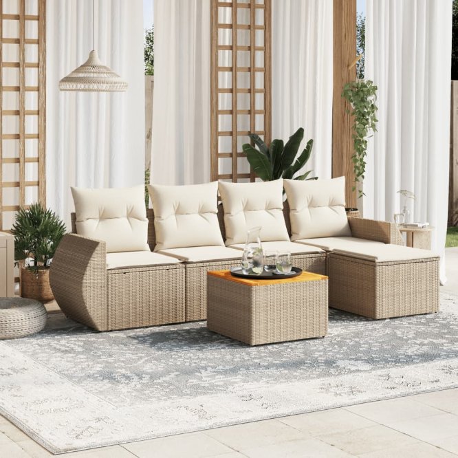 6-tlg. Garten-Sofagarnitur mit Kissen Schwarz Poly Rattan