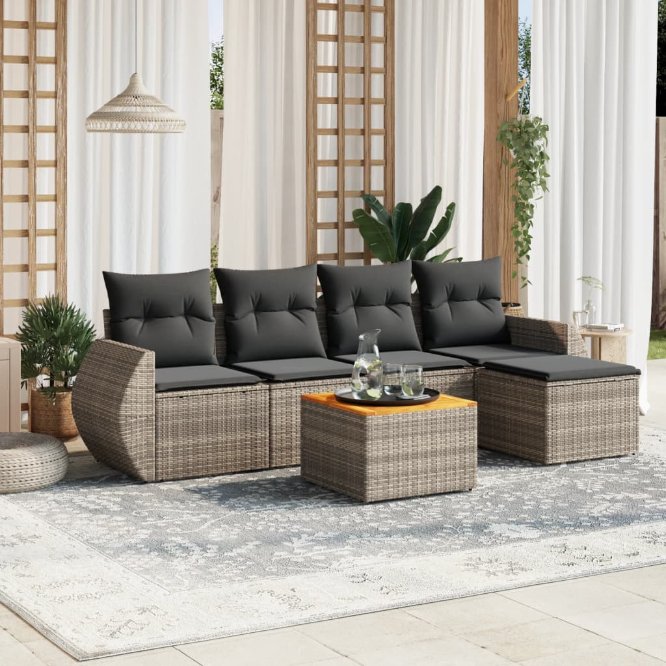 6-tlg. Garten-Sofagarnitur mit Kissen Schwarz Poly Rattan