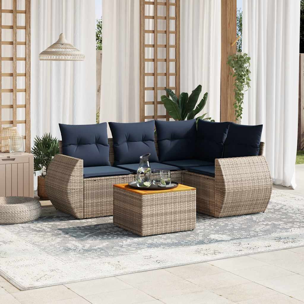 5-teiliges Gartensofa-Set mit Kissen, schwarzes Polyrattan