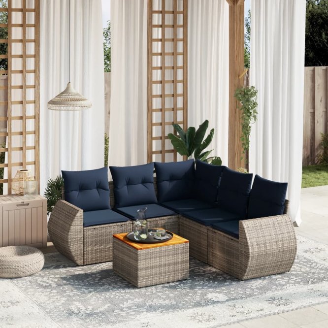 6-teiliges Gartensofa-Set mit Kissen, schwarzes Polyrattan