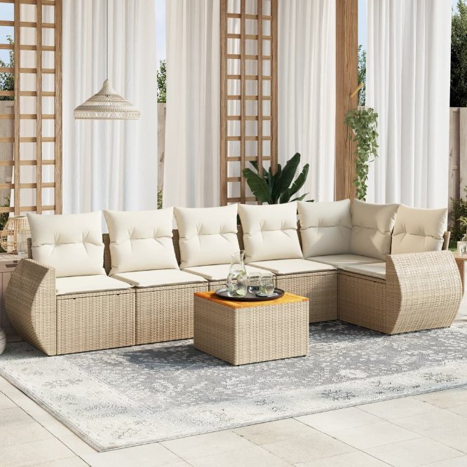 7-tlg. Garten-Sofagarnitur mit Kissen Schwarz Poly Rattan
