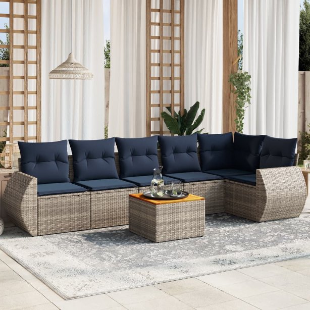 7-teiliges Gartensofa-Set mit Kissen, schwarzes Polyrattan