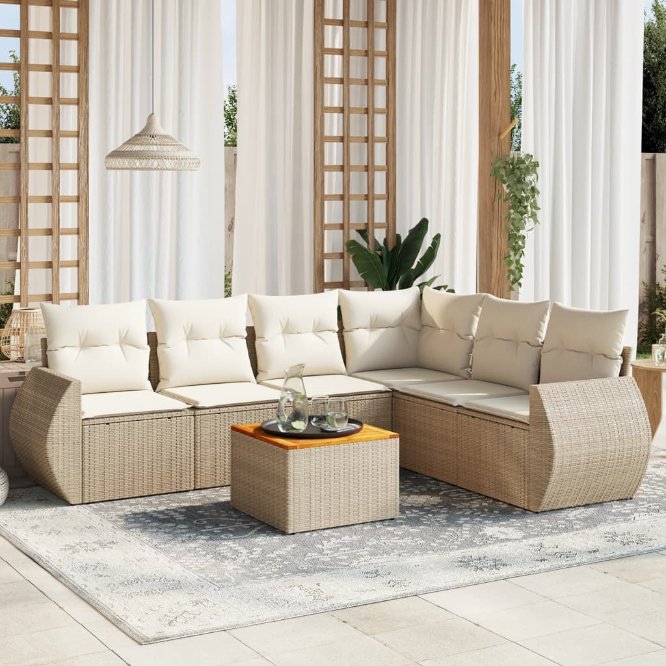 7-tlg. Garten-Sofagarnitur mit Kissen Schwarz Poly Rattan
