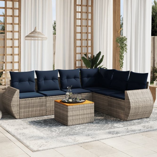 7-teiliges Gartensofa-Set mit Kissen, schwarzes Polyrattan