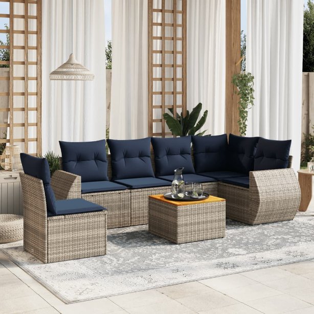 7-teiliges Gartensofa-Set mit Kissen, schwarzes Polyrattan