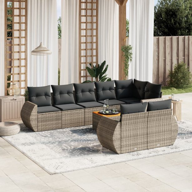 9-tlg. Garten-Sofagarnitur mit Kissen Schwarz Poly Rattan