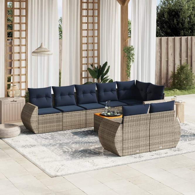 9-teiliges Gartensofa-Set mit Kissen, schwarzes Polyrattan