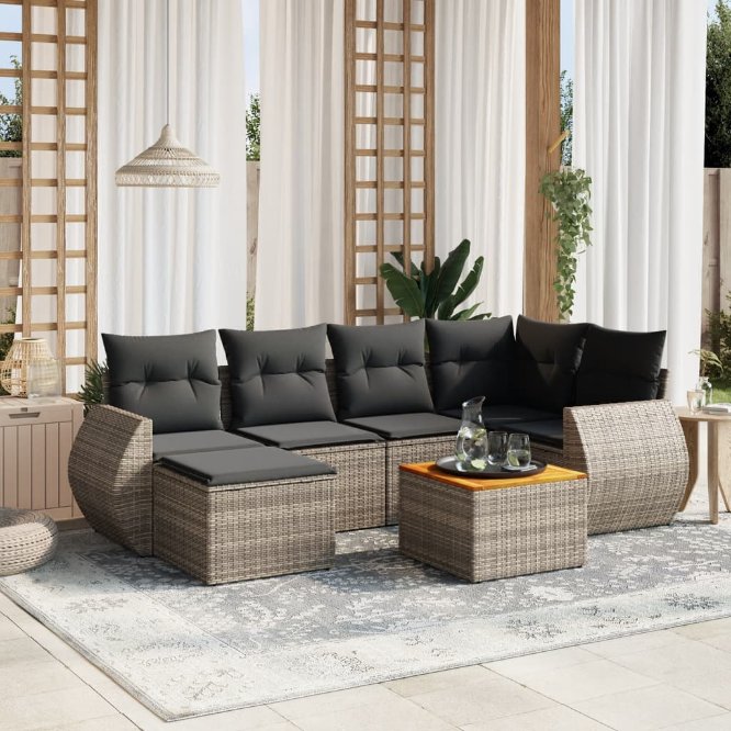 7-tlg. Garten-Sofagarnitur mit Kissen Schwarz Poly Rattan