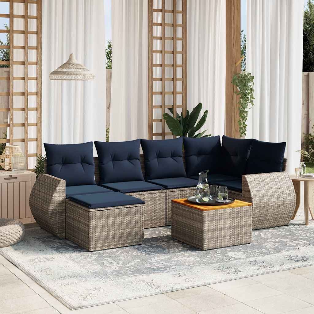 7-teiliges Gartensofa-Set mit Kissen, schwarzes Polyrattan
