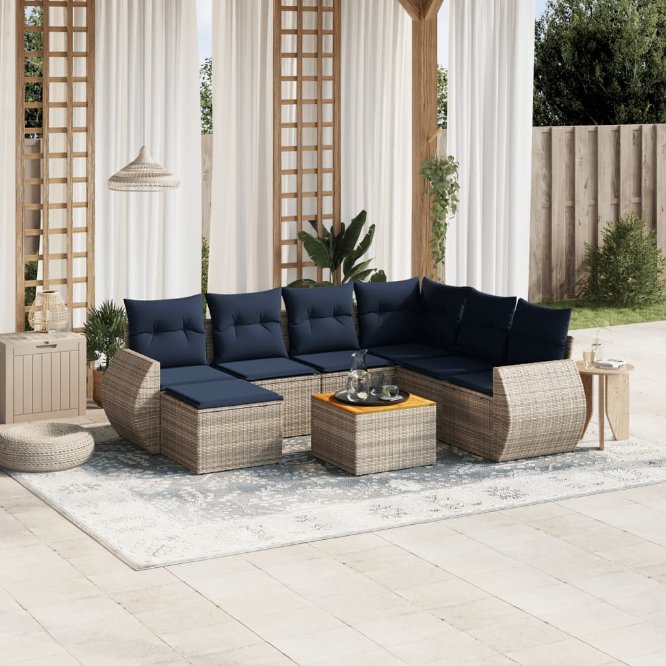8-teiliges Gartensofa-Set mit Kissen, schwarzes Polyrattan