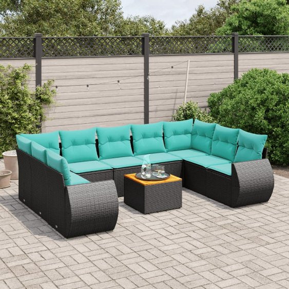 vidaXL 10-teiliges Gartensofa-Set mit Kissen, schwarzes Polyrattan