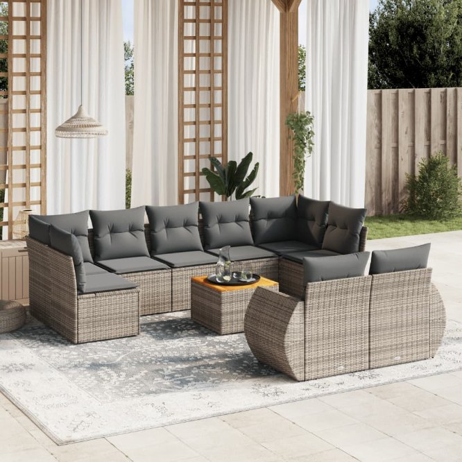 vidaXL 10-tlg. Garten-Sofagarnitur mit Kissen Schwarz Poly Rattan