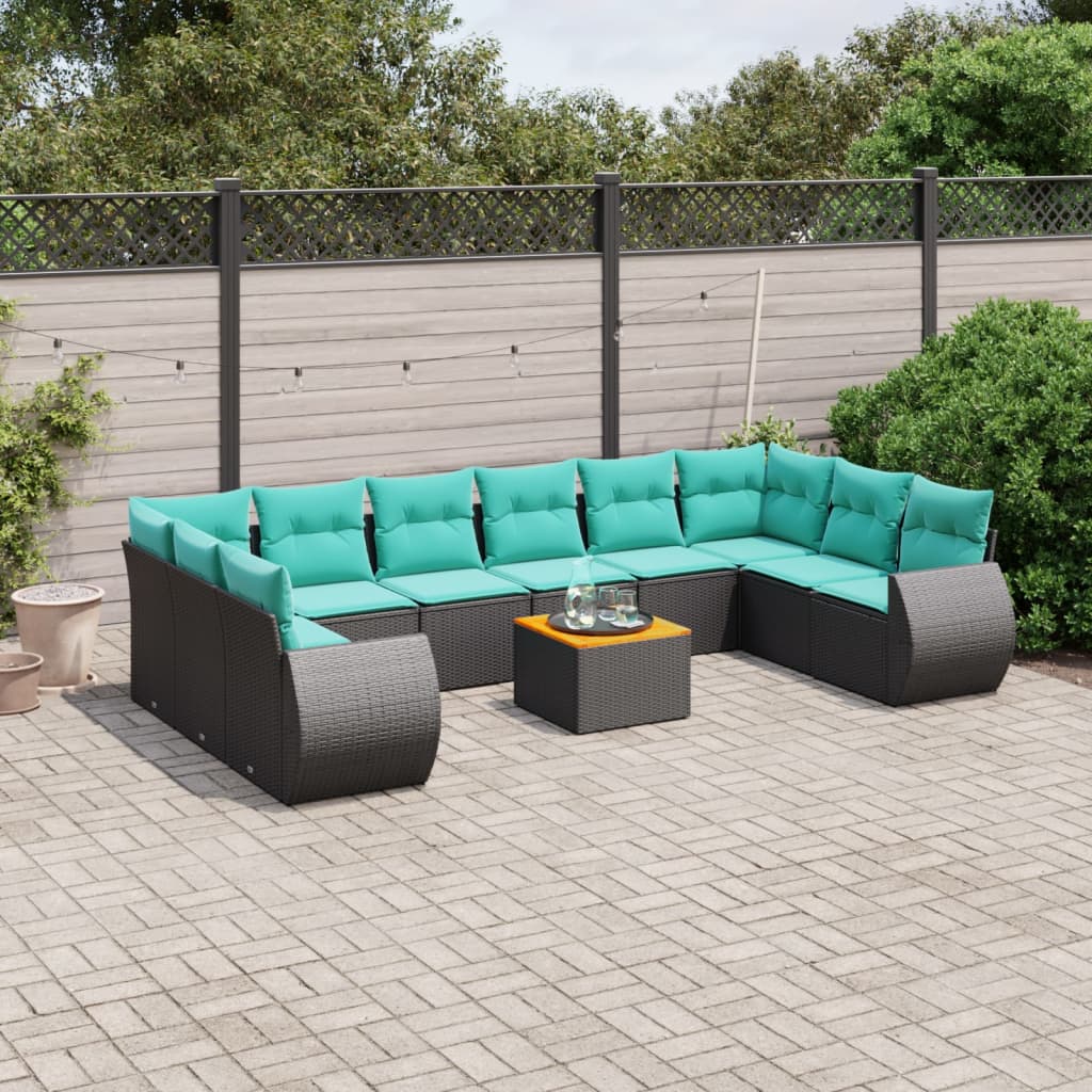 vidaXL 11-teiliges Gartensofa-Set mit Kissen, schwarzes Polyrattan