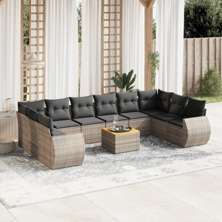 vidaXL 11-tlg. Garten-Sofagarnitur mit Kissen Schwarz Poly Rattan