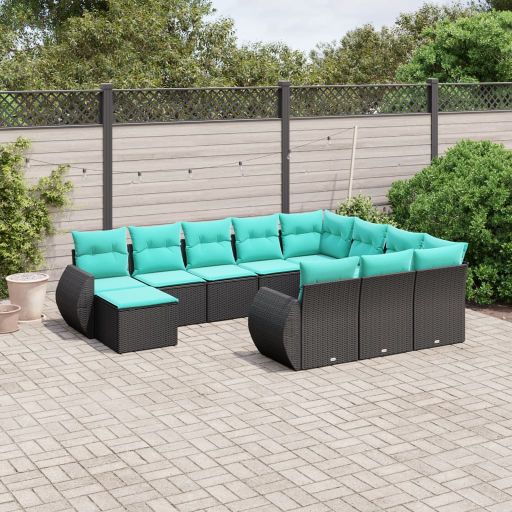 vidaXL 11-teiliges Gartensofa-Set mit Kissen, schwarzes Polyrattan
