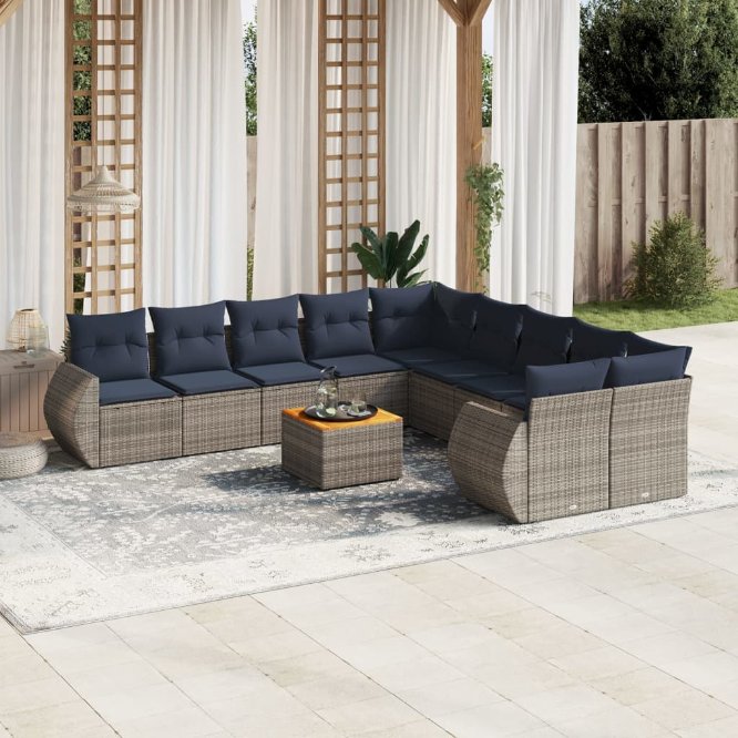 vidaXL 11-teiliges Gartensofa-Set mit Kissen, schwarzes Polyrattan