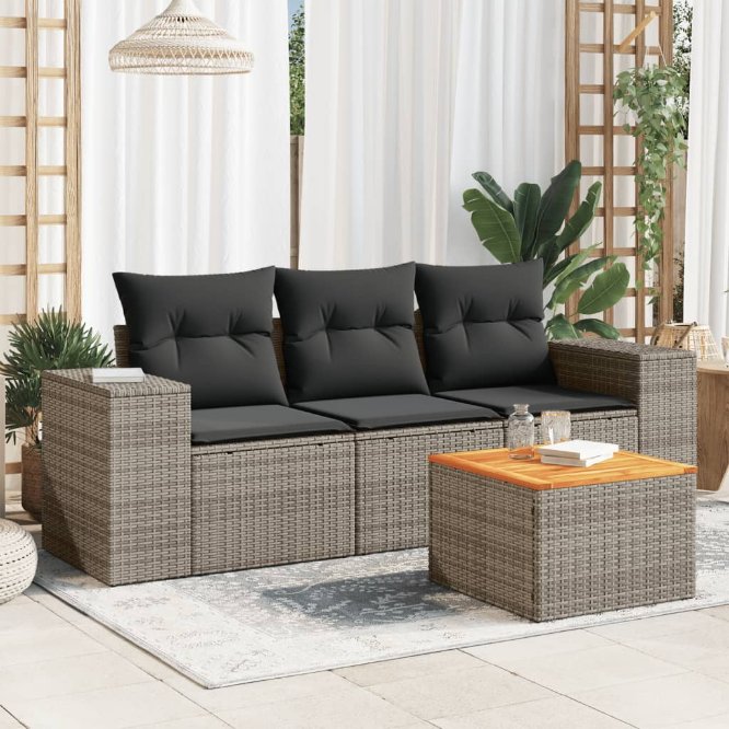 4-tlg. Garten-Sofagarnitur mit Kissen Schwarz Poly Rattan