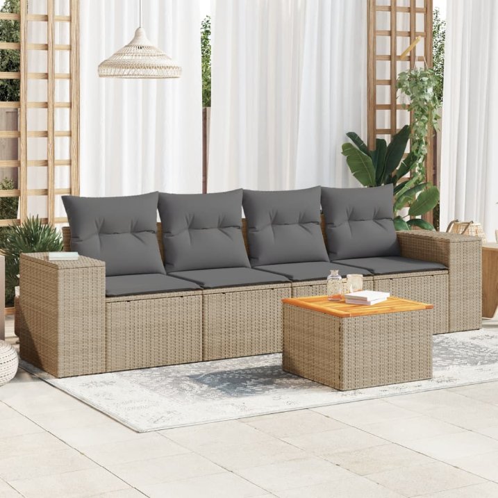5-tlg. Garten-Sofagarnitur mit Kissen Schwarz Poly Rattan