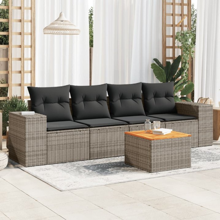 5-tlg. Garten-Sofagarnitur mit Kissen Schwarz Poly Rattan