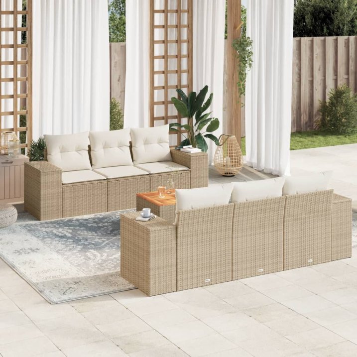 7-tlg. Garten-Sofagarnitur mit Kissen Schwarz Poly Rattan