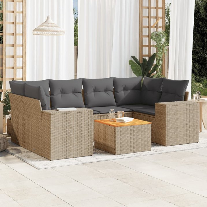 7-tlg. Garten-Sofagarnitur mit Kissen Schwarz Poly Rattan