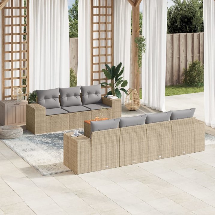8-tlg. Garten-Sofagarnitur mit Kissen Schwarz Poly Rattan