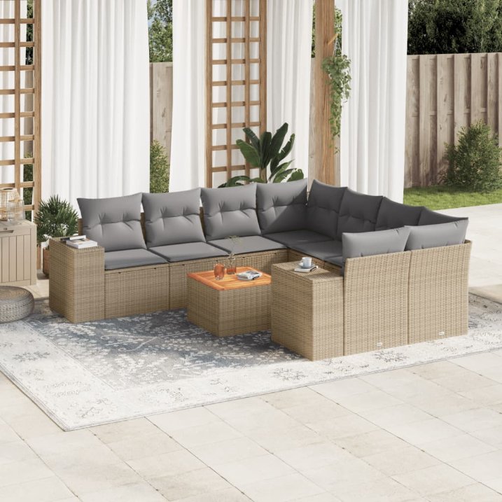 9-tlg. Garten-Sofagarnitur mit Kissen Schwarz Poly Rattan
