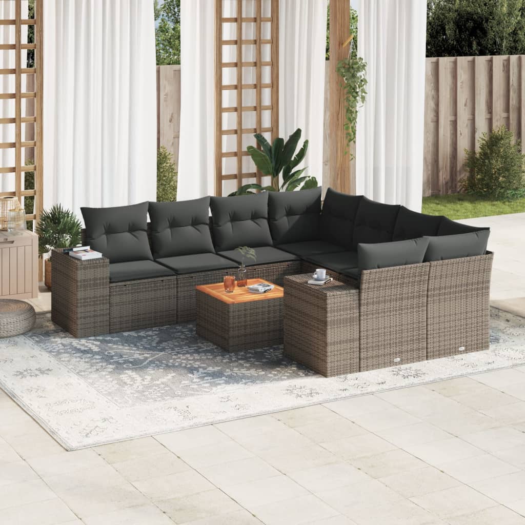 9-tlg. Garten-Sofagarnitur mit Kissen Schwarz Poly Rattan