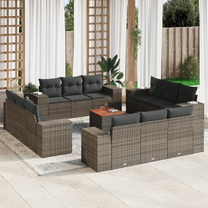 13-tlg. Garten-Sofagarnitur mit Kissen Schwarz Poly Rattan