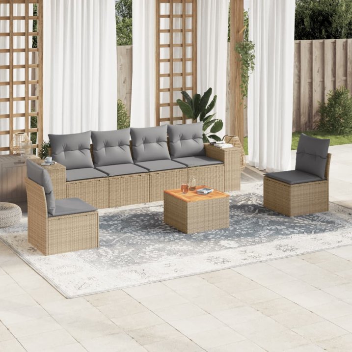7-tlg. Garten-Sofagarnitur mit Kissen Schwarz Poly Rattan
