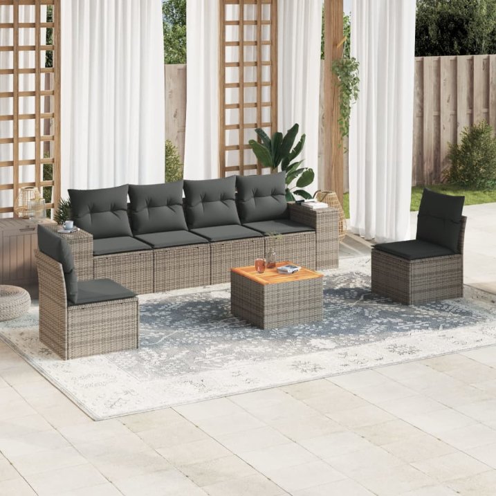 7-tlg. Garten-Sofagarnitur mit Kissen Schwarz Poly Rattan