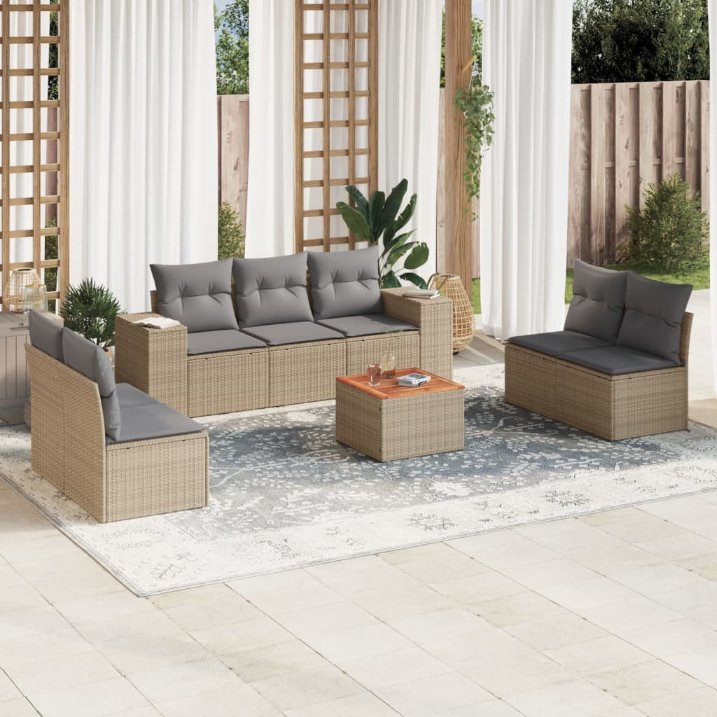 8-tlg. Garten-Sofagarnitur mit Kissen Schwarz Poly Rattan