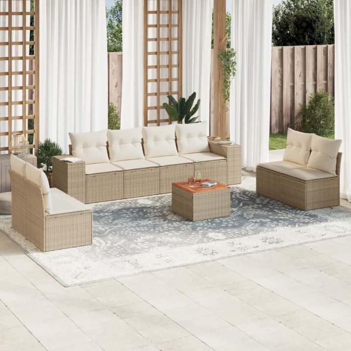 9-tlg. Garten-Sofagarnitur mit Kissen Schwarz Poly Rattan