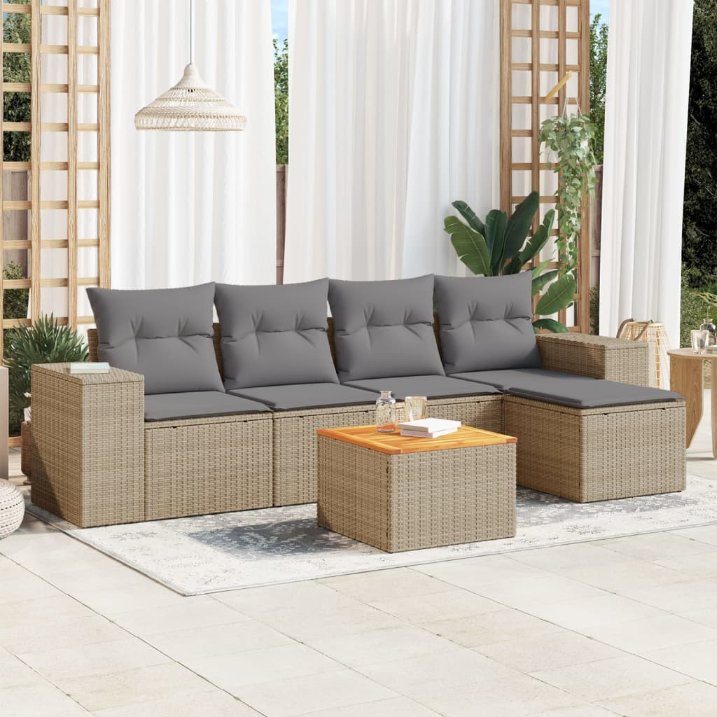 6-tlg. Garten-Sofagarnitur mit Kissen Schwarz Poly Rattan