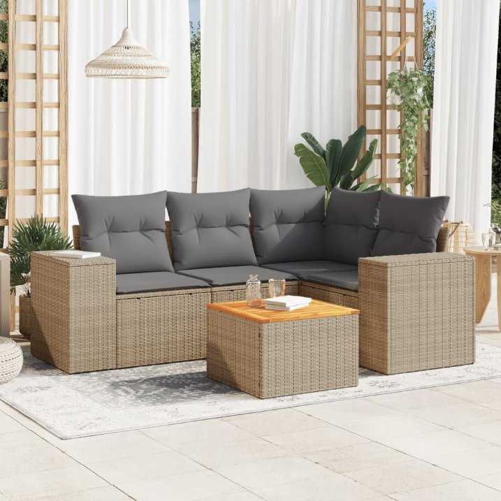 5-tlg. Garten-Sofagarnitur mit Kissen Schwarz Poly Rattan