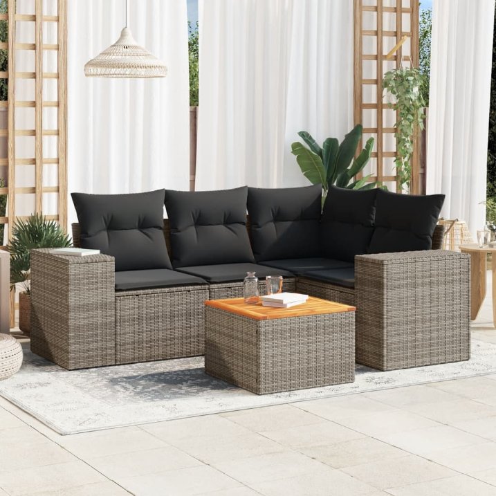 5-tlg. Garten-Sofagarnitur mit Kissen Schwarz Poly Rattan
