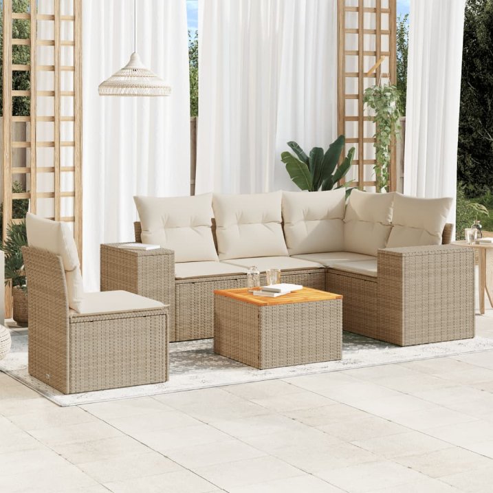 6-tlg. Garten-Sofagarnitur mit Kissen Schwarz Poly Rattan