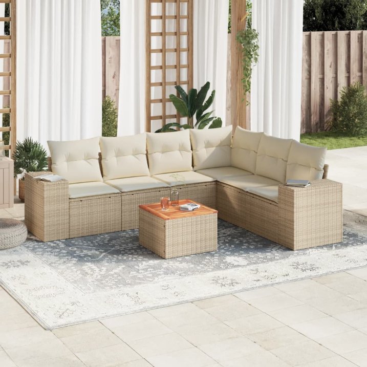 7-tlg. Garten-Sofagarnitur mit Kissen Schwarz Poly Rattan