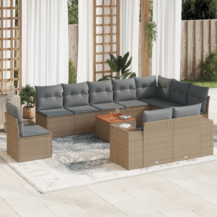 vidaXL 11-tlg. Garten-Sofagarnitur mit Kissen Schwarz Poly Rattan
