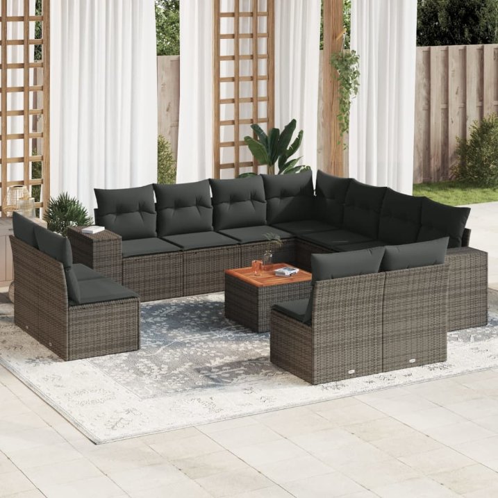 12-tlg. Garten-Sofagarnitur mit Kissen Schwarz Poly Rattan