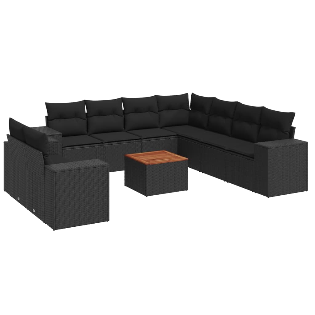 vidaXL 10-tlg. Garten-Sofagarnitur mit Kissen Schwarz Poly Rattan