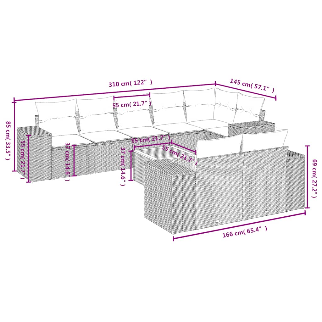 9-teiliges Gartensofa-Set mit Kissen, schwarzes Polyrattan