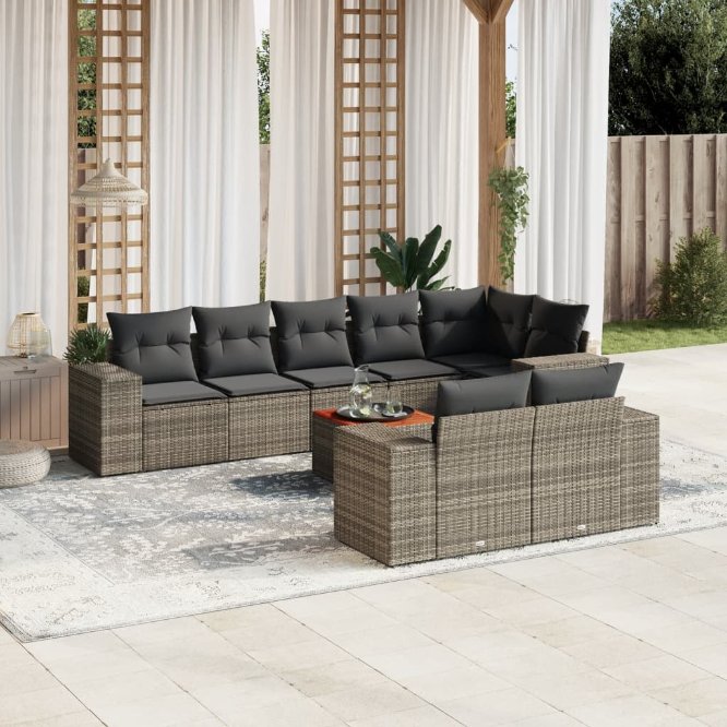 9-tlg. Garten-Sofagarnitur mit Kissen Schwarz Poly Rattan