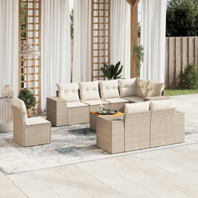 9-tlg. Garten-Sofagarnitur mit Kissen Schwarz Poly Rattan