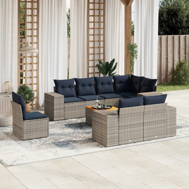 9-teiliges Gartensofa-Set mit Kissen, schwarzes Polyrattan
