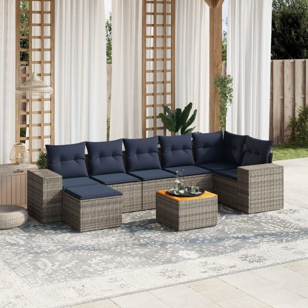 8-teiliges Gartensofa-Set mit Kissen, schwarzes Polyrattan