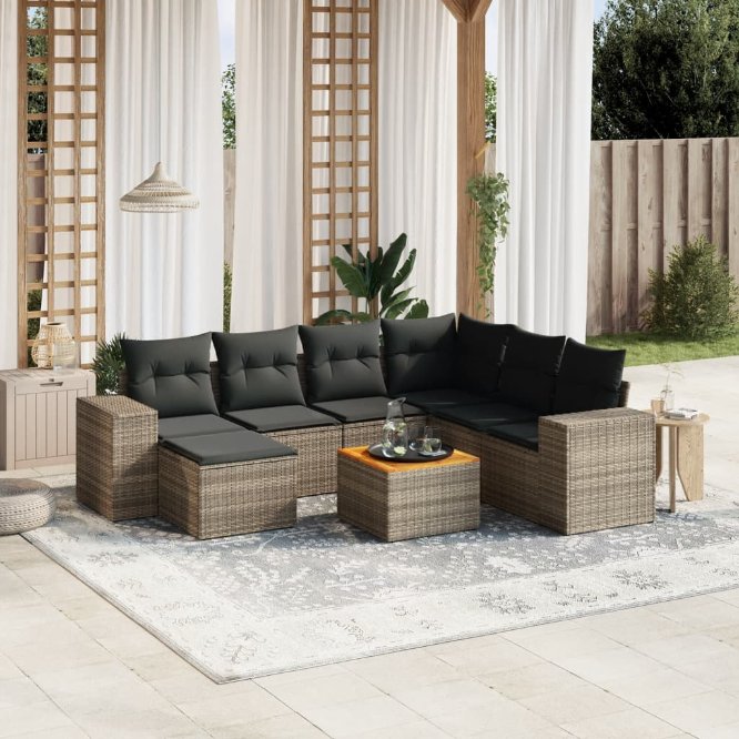 8-tlg. Garten-Sofagarnitur mit Kissen Schwarz Poly Rattan