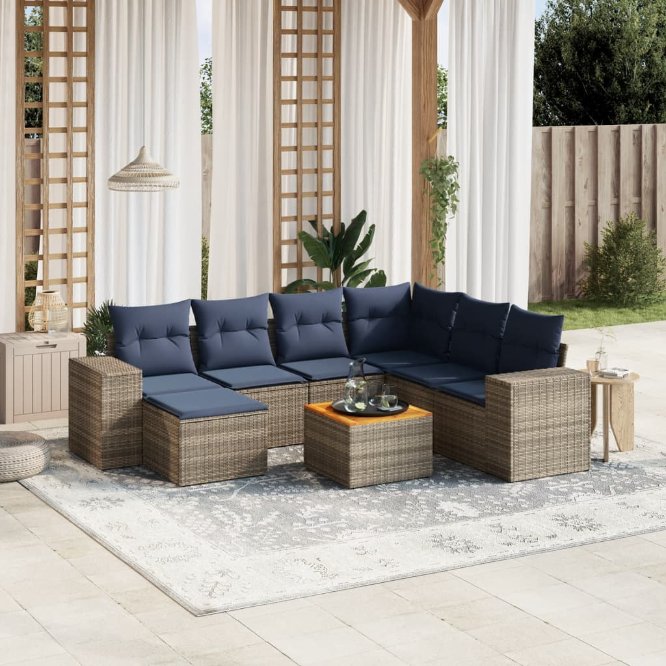 8-teiliges Gartensofa-Set mit Kissen, schwarzes Polyrattan