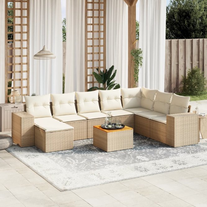 9-tlg. Garten-Sofagarnitur mit Kissen Schwarz Poly Rattan